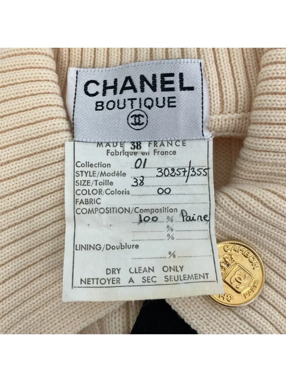 Chanel Knit Top with Ribbon Brooch Sweater 38 Beige